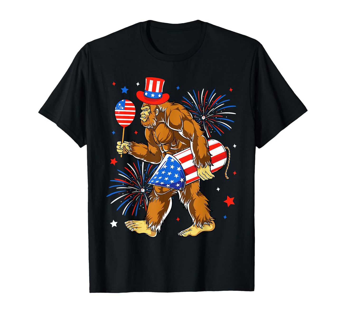 Bigfoot Firework American Flag Bigfoot 4th of July Sasquatch T-Shirt