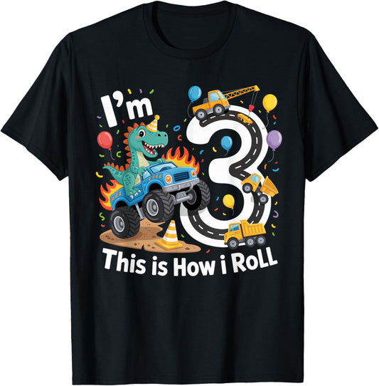 Dinosaur Monster Truck 3rd Birthday 3 Year Old Construction T-Shirt