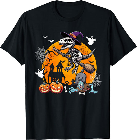 Horror Skeleton T-Rex Riding Witch's Broomstick Halloween T-Shirt