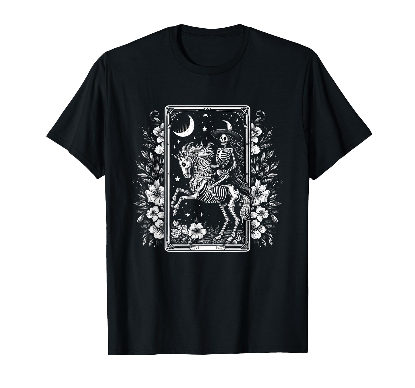 Skeleton Riding Unicorn Skeleton Tarot Card Halloween Flower T-Shirt