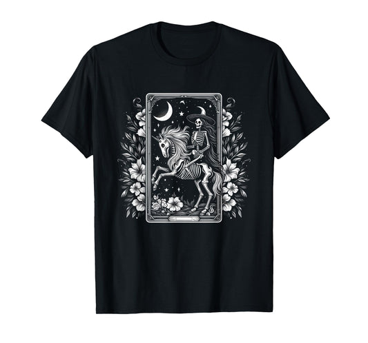 Skeleton Riding Unicorn Skeleton Tarot Card Halloween Flower T-Shirt