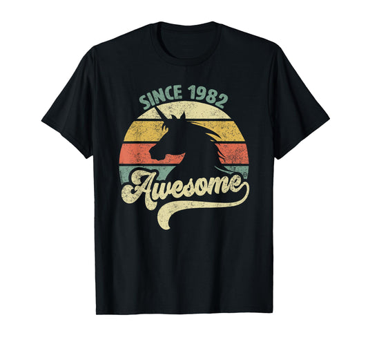 Awesome Since 1982 Retro Unicorn Birthday Gift Vintage T-Shirt