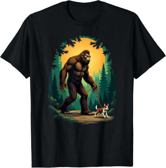 Camping Hiking Bigfoot Walking With Boston Terrier T-Shirt