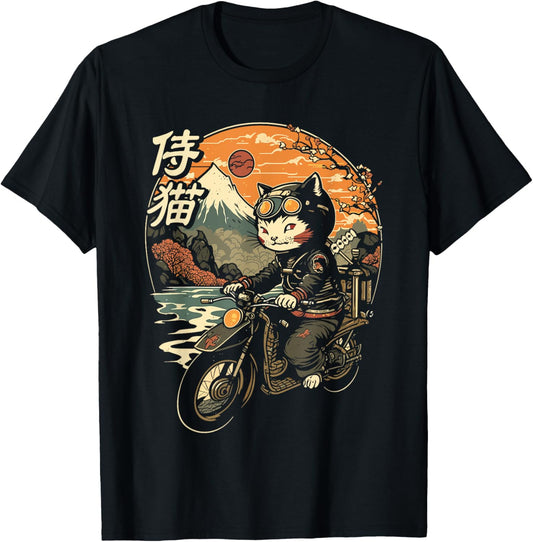 Japanese Samurai Cat on Motorcycle Kawaii Ninja Cat T-Shirt