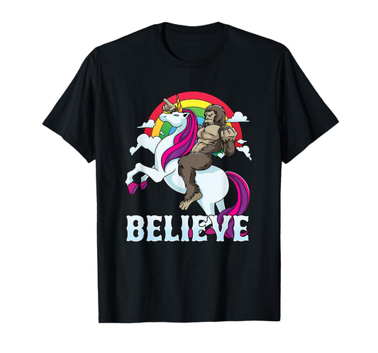 Bigfoot Riding Unicorn Believe Sasquatch Faith Rainbow T-Shirt