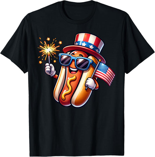 4th of July Sparkler Hotdog Funny Patriotic Flag T-shirt