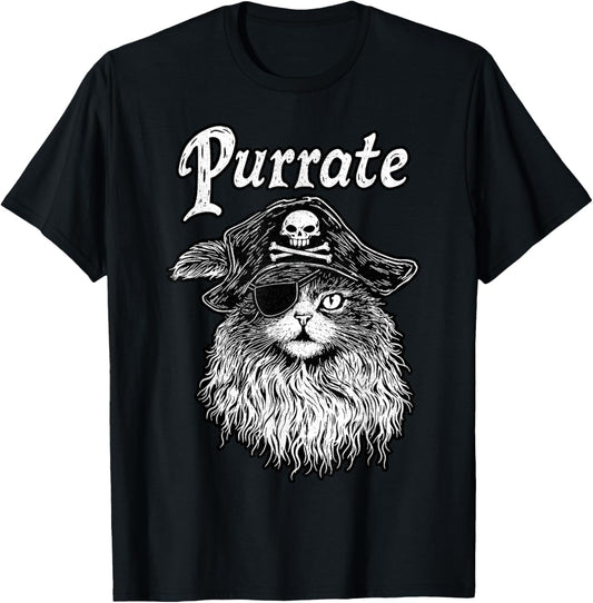 Unisex Adults, Kids Cat Lovers T-Shirt - Black - Small - Short Sleeve - Classic Fit - Modern Classic - Pirate Theme - Cartoon Pattern - 100% Polyester - Machine Wash