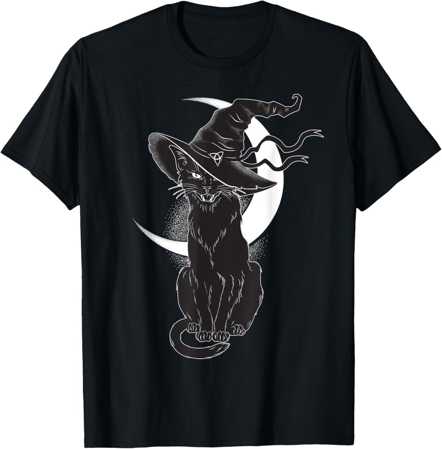 Vintage Scary Halloween Black Cat Costume Witch Hat & Moon T-Shirt