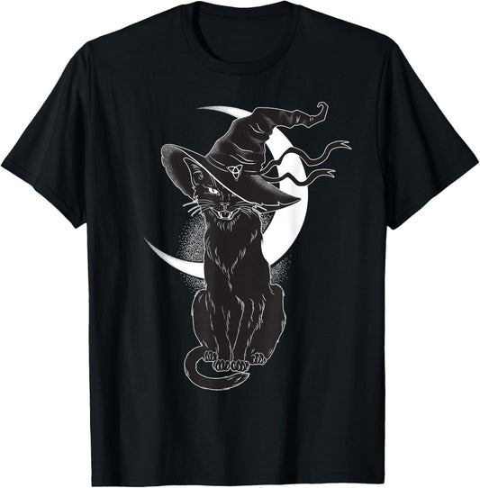 Vintage Scary Halloween Black Cat Costume Witch Hat & Moon T-Shirt
