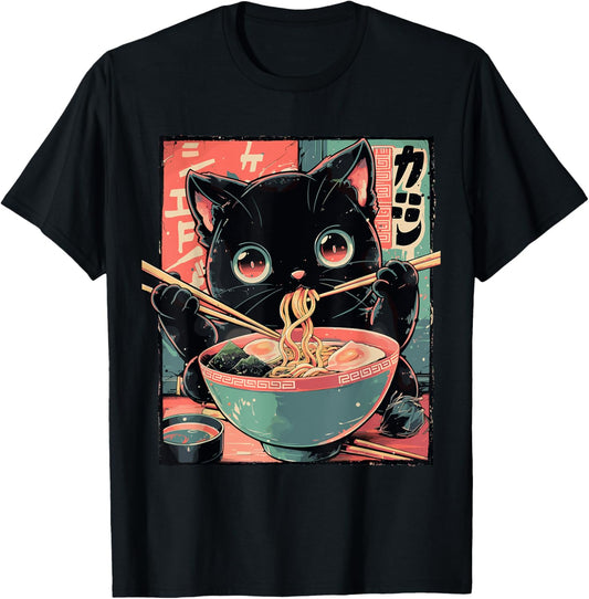 Cute Cat Eating Ramen Anime Japanese Culture T-Shirt