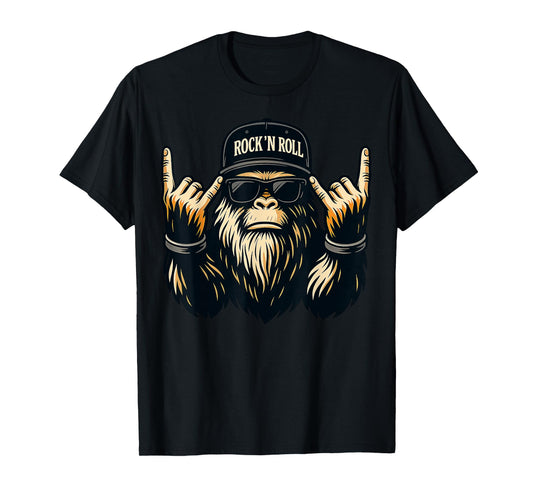 Bigfoot Rock On Sasquatch Heavy Metal Vibes Men Women Kids T-Shirt
