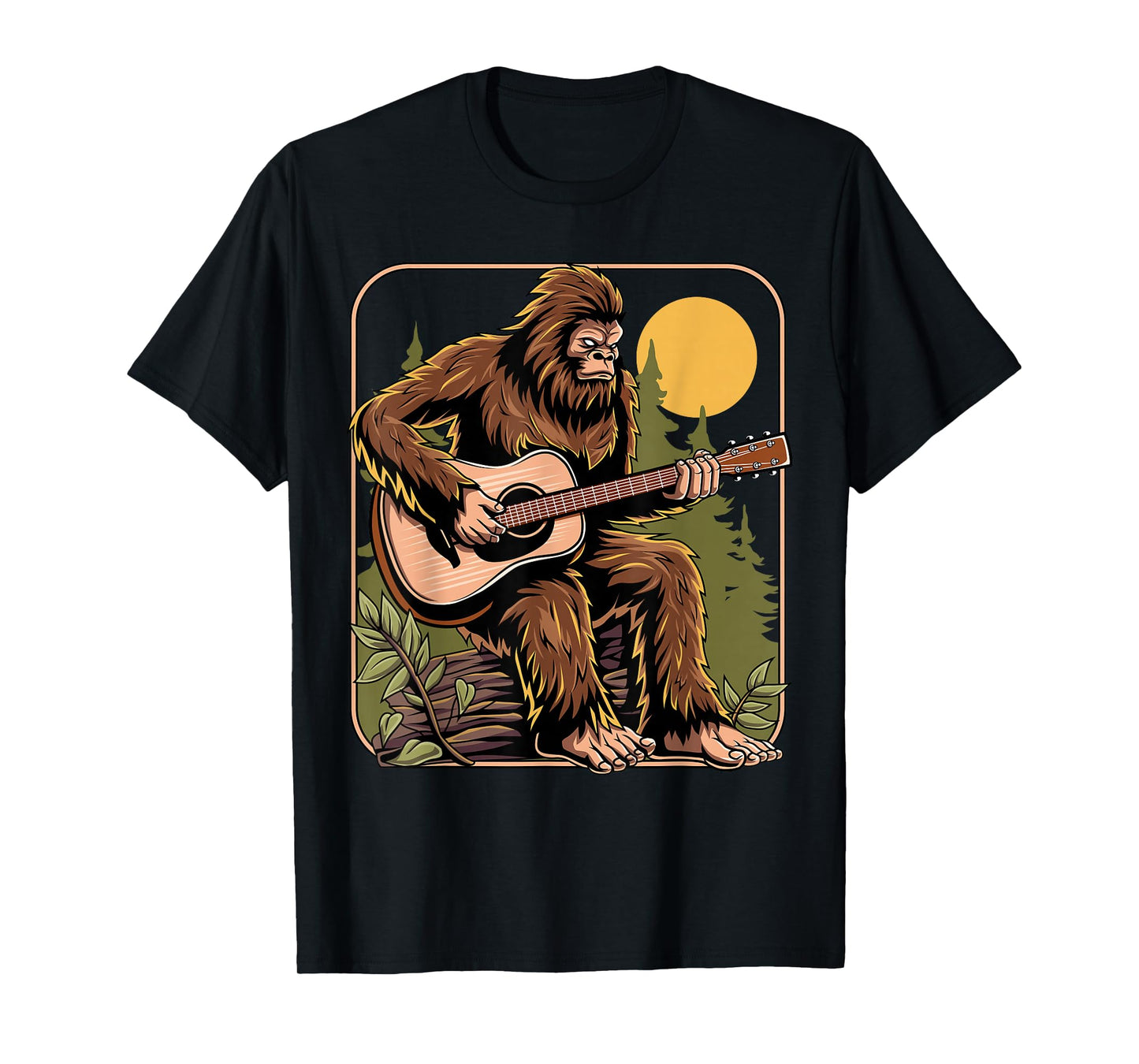 Retro Bigfoot Sasquatch Playing Acoustic Guitar Guitarist T-Shirt