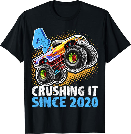 Monster Truck 4 Year Old Boys 4th Birthday Party Born 2020 T-Shirt