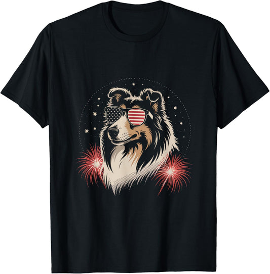 Rough Collie Dog USA America Flag Patriotic 4th of July T-Shirt