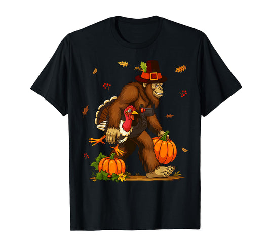 Bigfoot Pilgrim Turkey Pumpkin Thanksgiving Day Boys Men T-Shirt