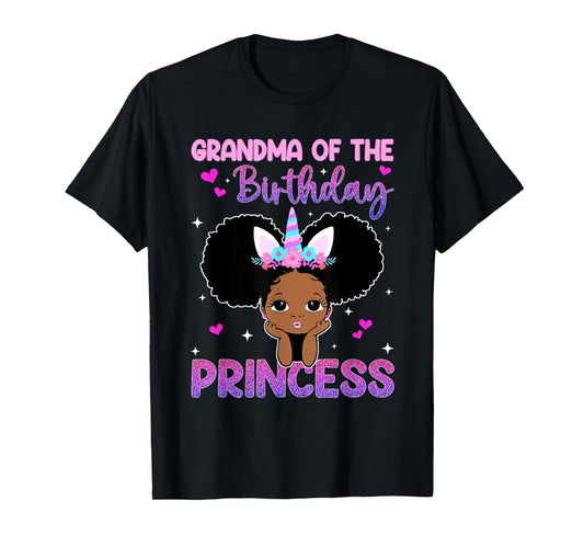 Grandma Of The Birthday Princess Melanin Black Girl Unicorn T-Shirt