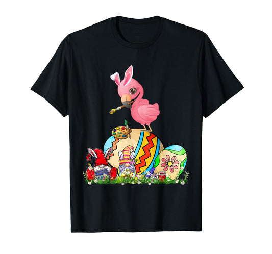 Easter Bunny Flamingo With Gnomes Painting Chocolate Eggs T-Shirt