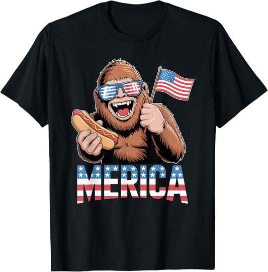 Funny Bigfoot With Hotdog & USA Flag 4th of July Sasquatch T-Shirt