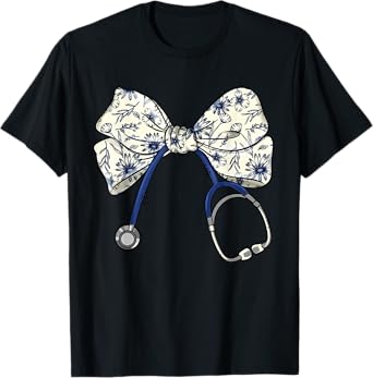Floral Blue Coquette Bow Nurse Stethoscope Nursing Doctor T-Shirt