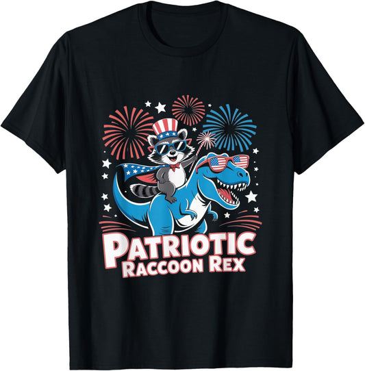 Funny Raccoon Riding dinosaur 4th Of July Patriotic T-Shirt