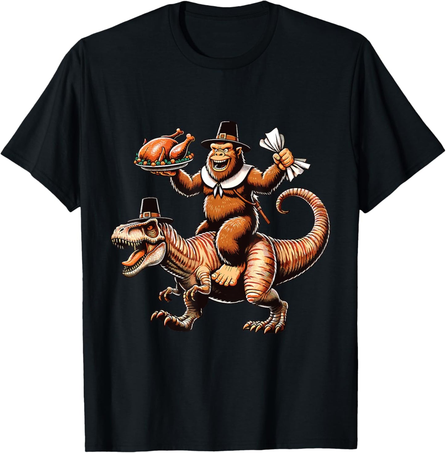 Funny Bigfoot Riding T-Rex Vintage Thanksgiving Turkey Day T-Shirt