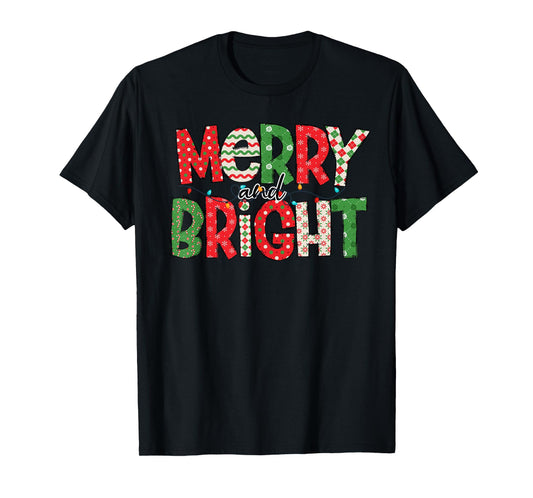 Merry And Bright Christmas Pajama Lights Santa Hat Xmas 2024 T-Shirt