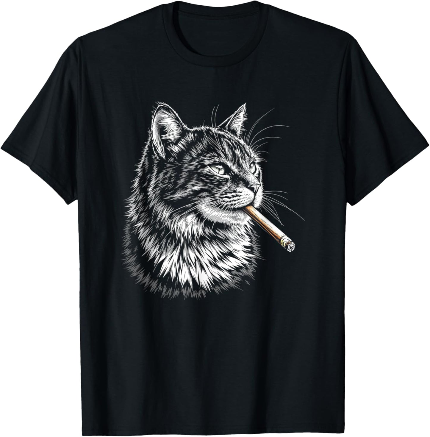Cat Smoking Cigar Cigarette, Funny Smoker Hipster Black T-Shirt