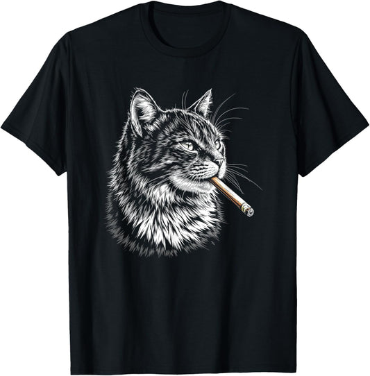 Cat Smoking Cigar Cigarette, Funny Smoker Hipster Black T-Shirt