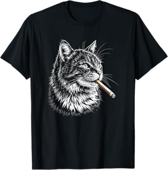 Cat Smoking Cigar Cigarette, Funny Smoker Hipster Black T-Shirt for Men Women
