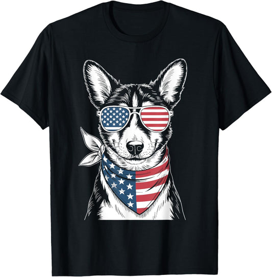 Basenji Dog USA Flag Sunglasses Patriotic 4th of July T-Shirt