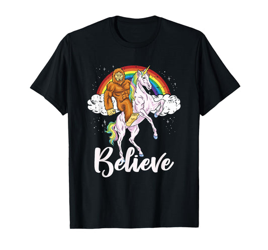 Bigfoot Riding Unicorn Believe Yeti Sasquatch Rainbow T-Shirt