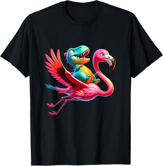 Cute T-Rex Dinosaur flying on a Flamingo Funny T-Shirt