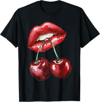 Sexy Lips Cherry Trendy Vintage Retro Cherry Valentines Day T-Shirt