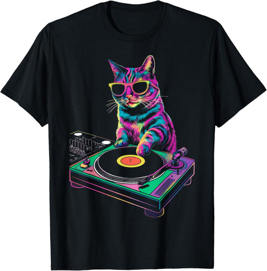 House DJ Cat Rainbow DJ Cat Kitty on Turntable Disco DJ Cat T-Shirt