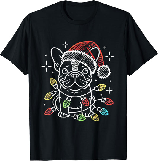 Santa Hat French Bulldog Christmas Lights Dog's Mom Dad T-Shirt
