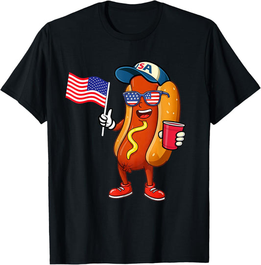 4th of July Hotdog Funny Fourth of July Patriotic USA Flag T-Shirt
