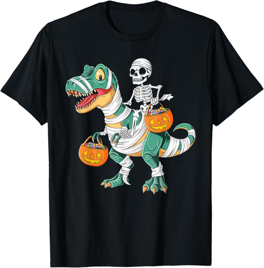 Skeleton Riding Mummy Dinosaur Pumpkin Halloween Costume T-Shirt