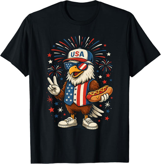 Funny Bald Eagle Hotdog Patriotic American Flag 4th Of July T-Shirt