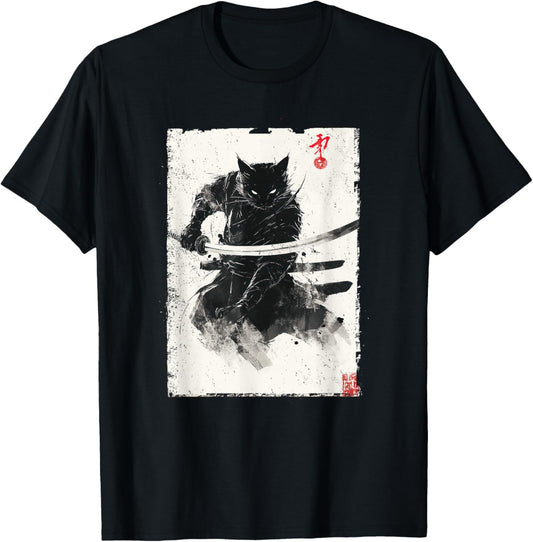 Vintage Samurai Cat Graphic Art Japanese Ukiyo-e T-Shirt