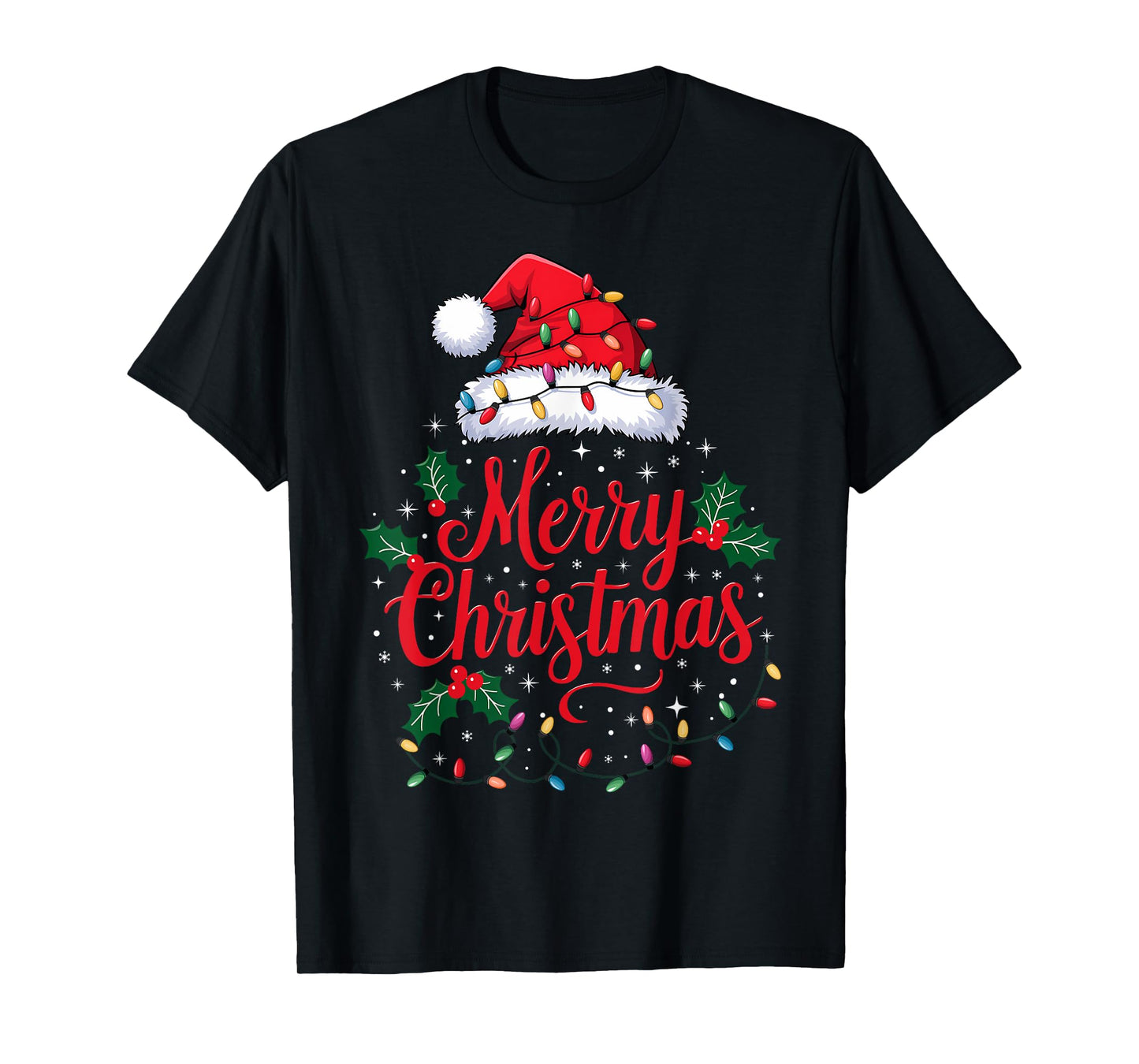 Merry Christmas Lights Red Santa Hat Xmas Family Men Women T-Shirt