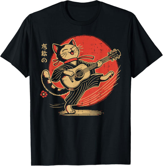 Japanese Cat Guitar Kawaii Music Art Women Girls Kids Men T-Shirt