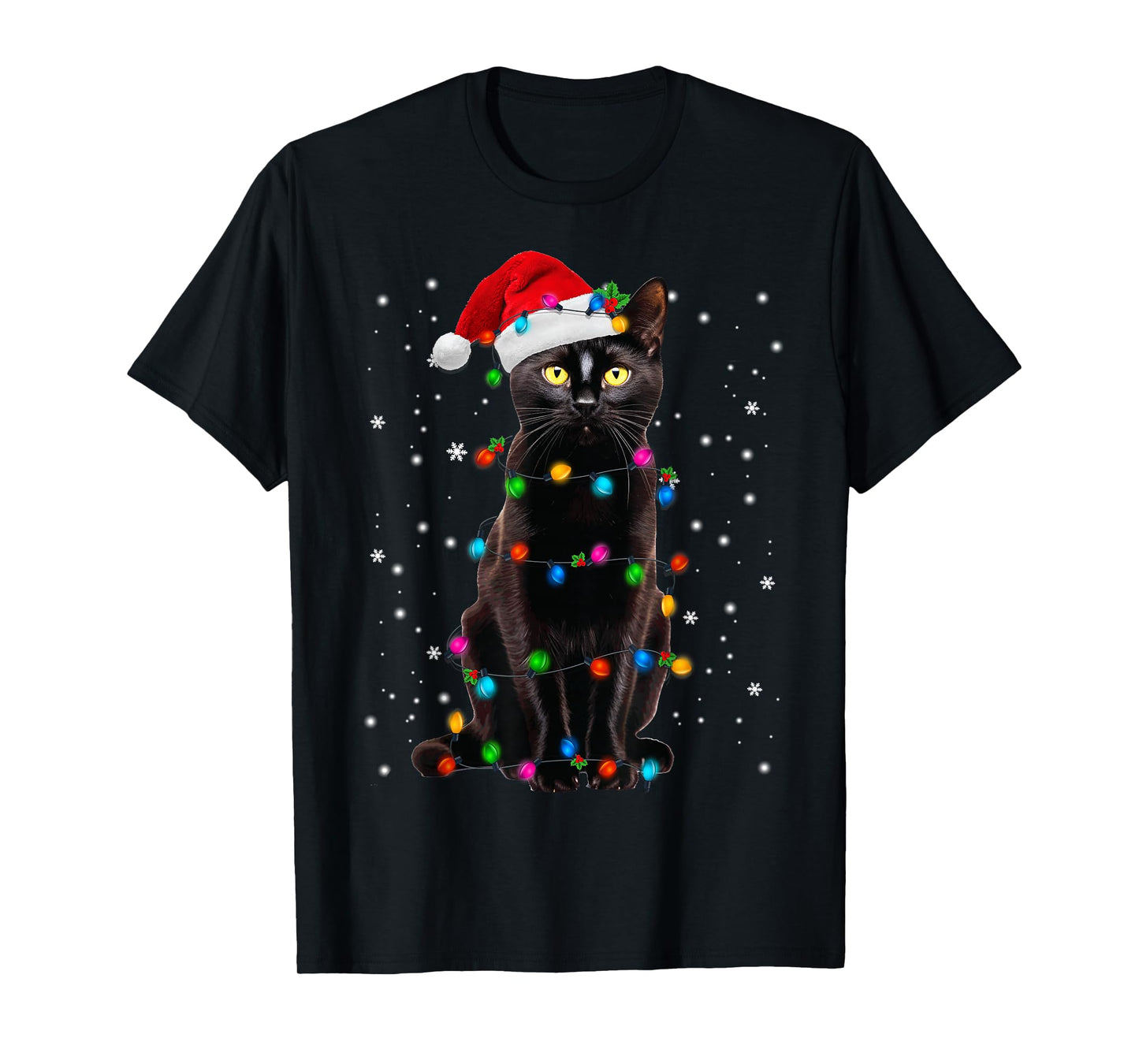Black Cat Christmas Lights Santa Funny Cat Dad Mom Xmas T-Shirt