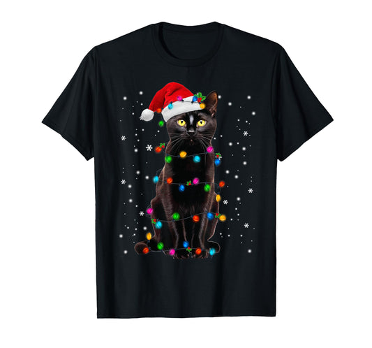 Black Cat Christmas Lights Santa Funny Cat Dad Mom Xmas T-Shirt