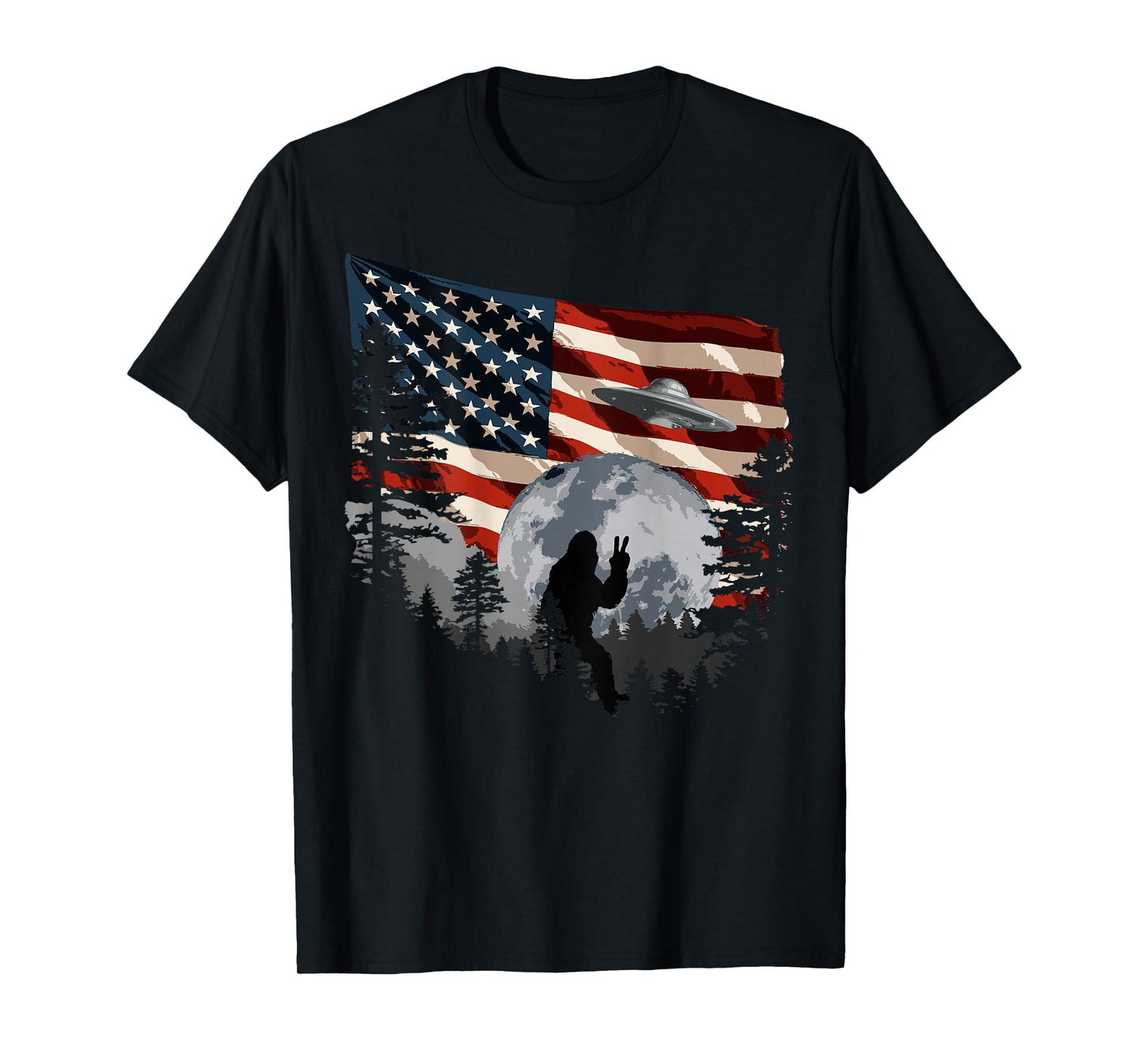 Bigfoot Sasquatch American Flag (Design on Back) T-Shirt