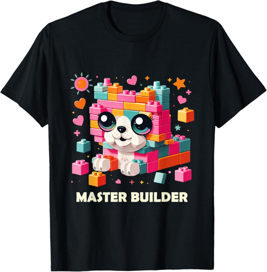 Master Builder, Block Building Kids Girls Cat Dog Lover Toy T-Shirt