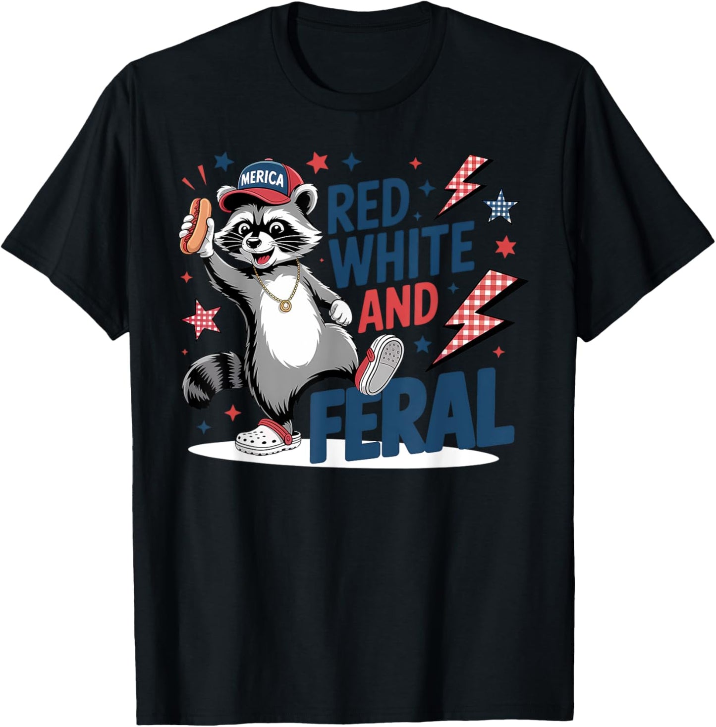 Patriotic Red White And Feral Raccoon 4th of July Hot Dog T-Shirt