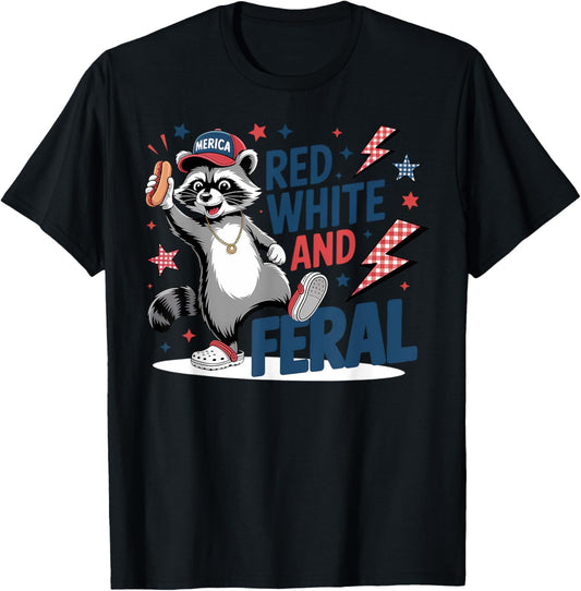 Patriotic Red White And Feral Raccoon 4th of July Hot Dog T-Shirt