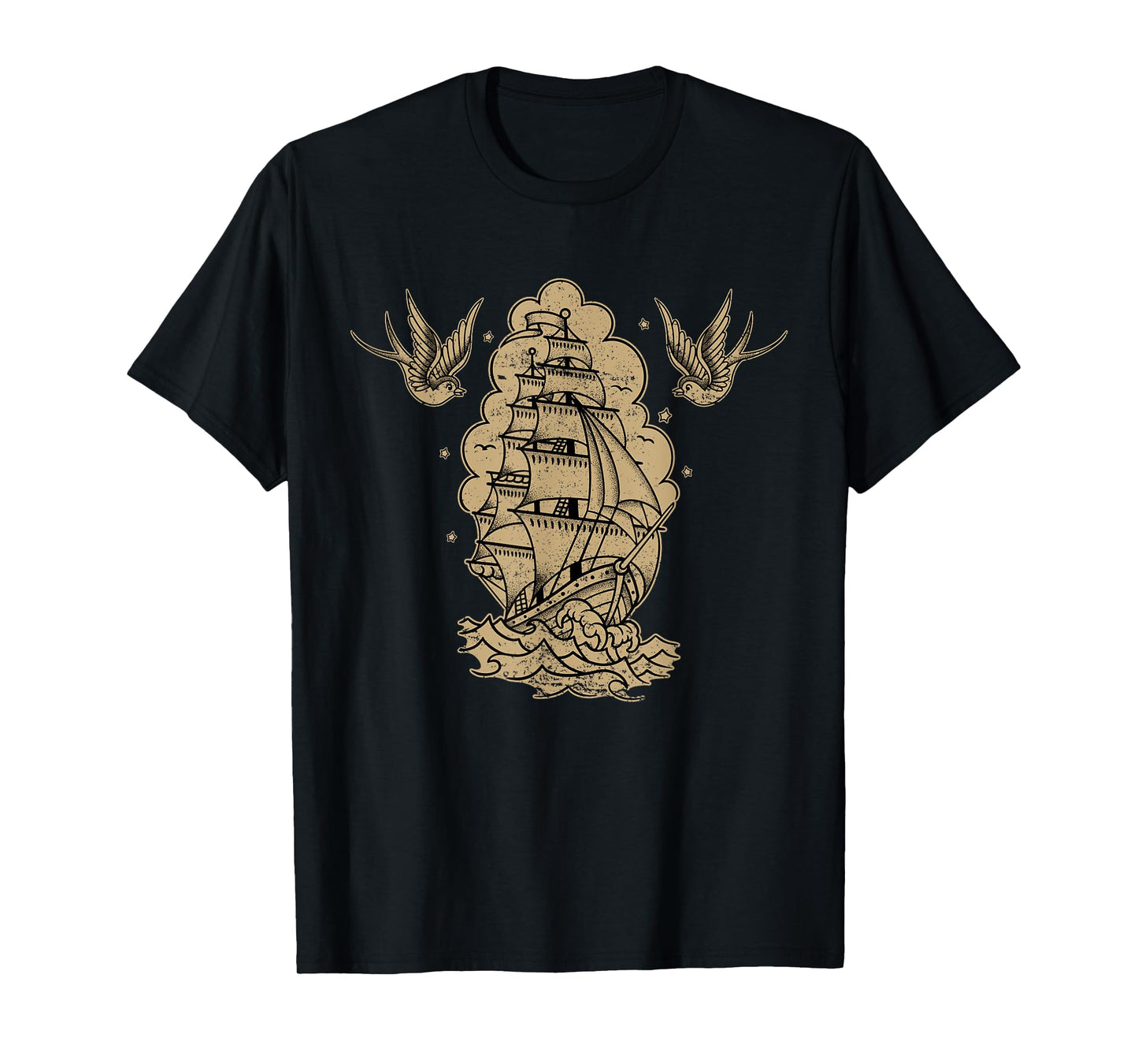 Old School Sailor Tattoo Clipper Ship and Swallows T-Shirt
