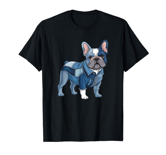 Bulldog Pattern Patchwork Art French Bulldog In Denim Dog T-Shirt