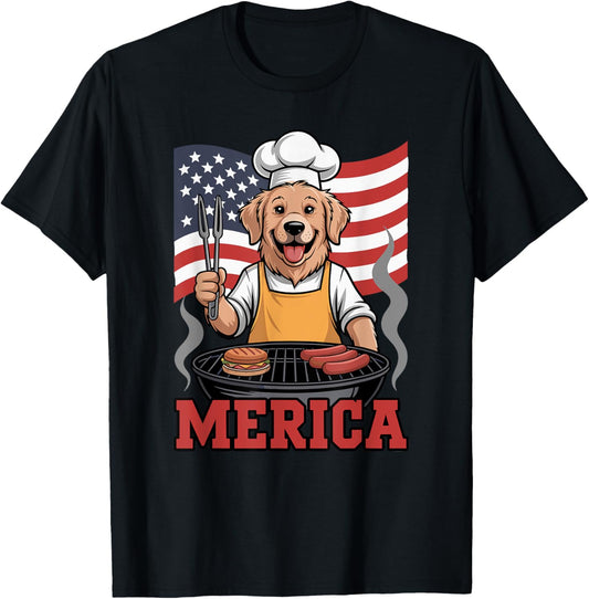 4th July Dog BBQ Chef Golden Retriever Merica T-Shirt